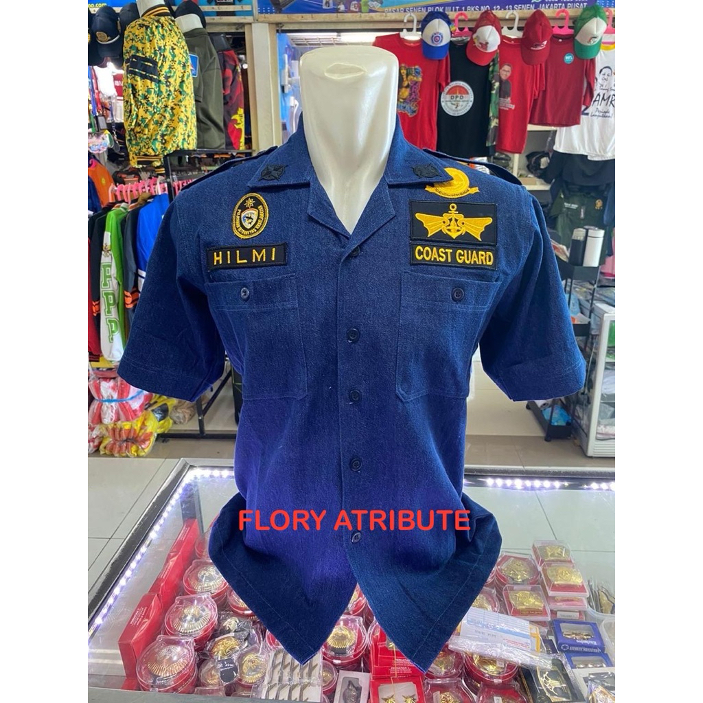 SERAGAM KPLP/COAST GUARD BAHAN JEANS UNTUK PRIA BORDIR TIDAK TIMBUL 1 STEL (BAJU DAN CELANA)