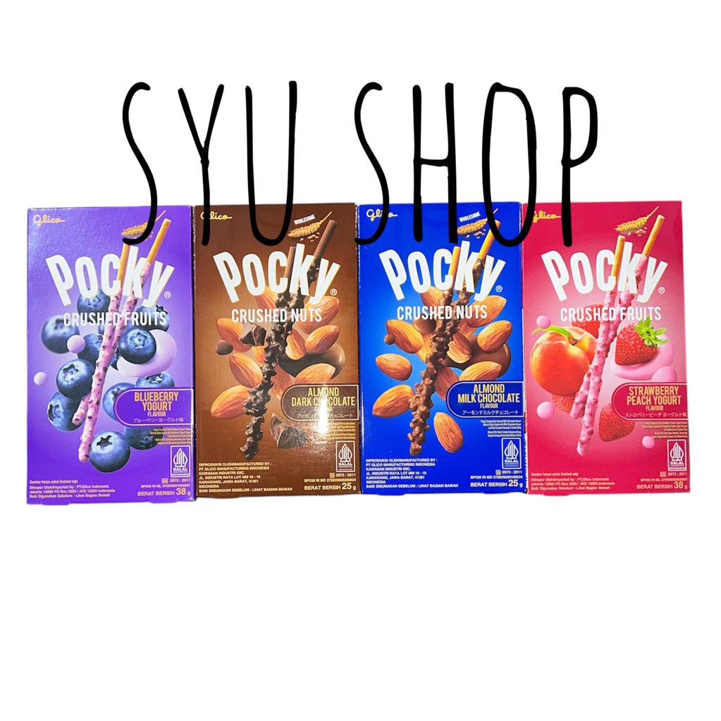 

glico pocky blueberry strawberry peach almond crush crushed nut nuts fruit fruits milk dark chocolate 25gr premium