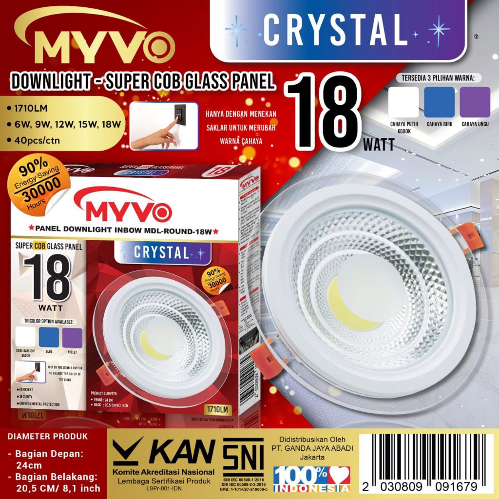 MYVO CRYSTAL LED PANEL IB BULAT 6W 9W 12W 15W 18 WATT TRICOLOUR SNI 3 PILIHAN CAHAYA DALAM 1 LAMPU 3