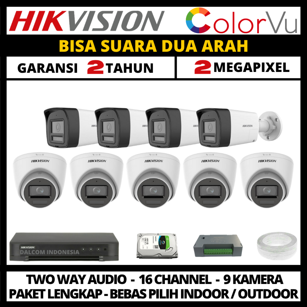 Paket cctv hikvision colorvu 2mp 16 channel 9 kamera two way audio paket cctv lengkap