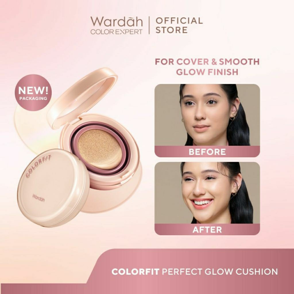 Wardah Colorfit Perfect Glow Cushion 15 gr  Tempat + Kaca + Refil + Puff Bedak Padat Muka Face Powde