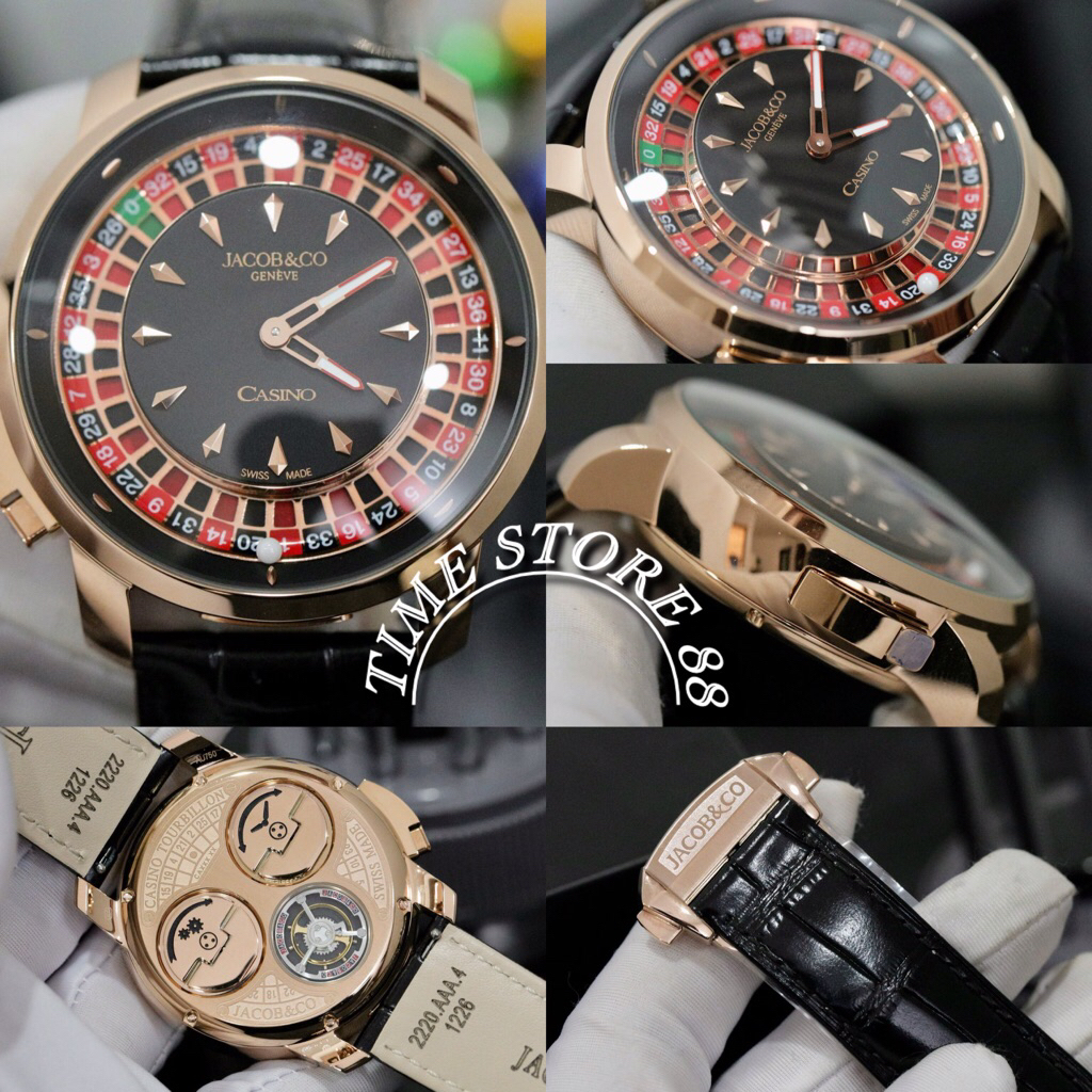 Jacob & Co Casino Roulette Clone Watch Black Leather Strap 44mm Fullset