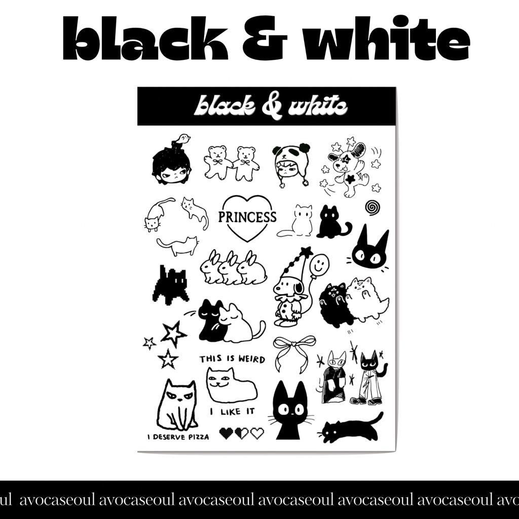 

sticker sheet black & white aesthetic ins korea untuk dekorasi scrapbook, deco pola, journaling, phonecase, headphone, stiker lucu