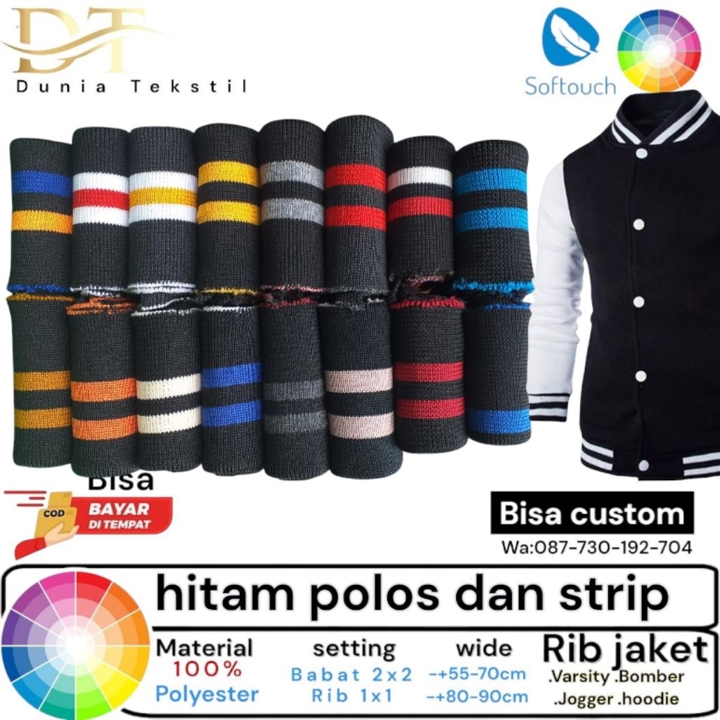 kain Rib/bur warna Hitam polos dan salur Polyester premium tebal per 10 lembar
