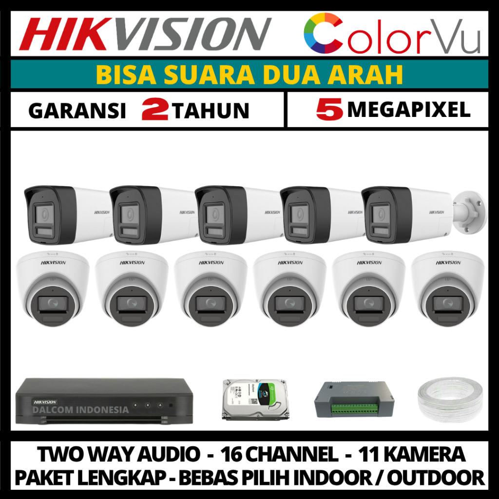 Paket cctv hikvision colorvu 5mp 16 channel 11 kamera two way audio paket cctv lengkap