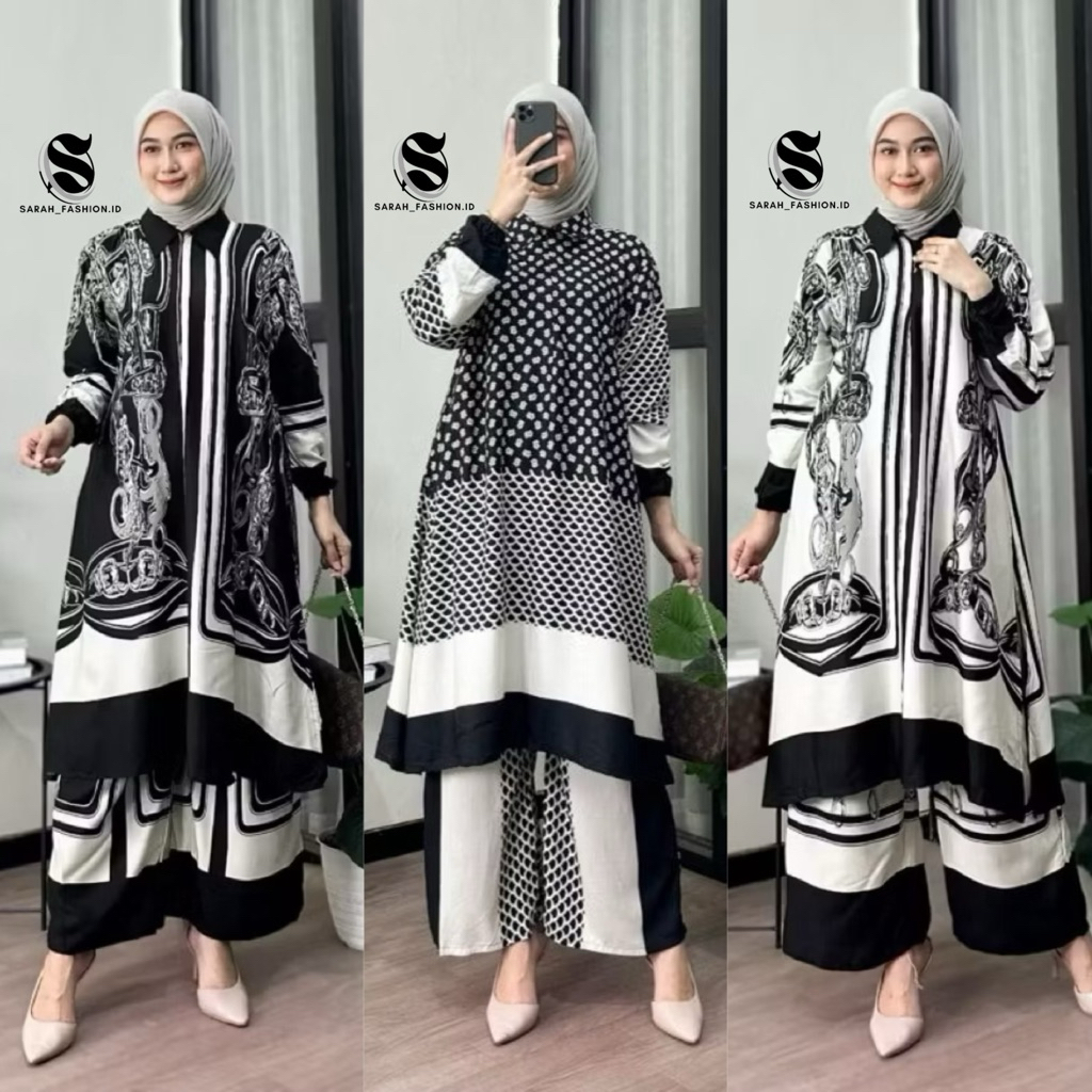 NEW ONE SET VALEYA SETELAN WANITA CELANA TUNIK BAHAN RAYON MOTIF GARIS ABSTRAK ESTETIK, BAJU WANITA 