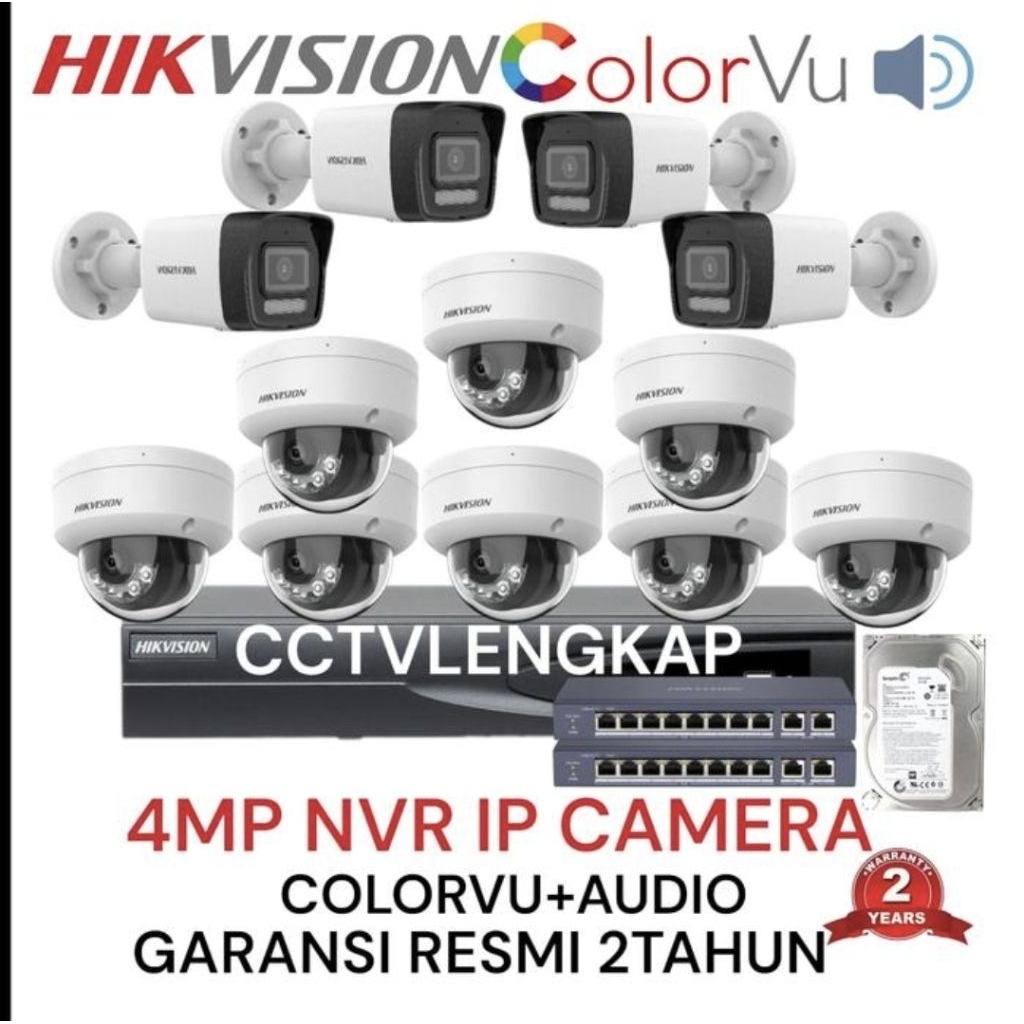 PAKET CCTV IP KAMERA HIKVISION 16 CHANNEL 12 CAMERA 4MP AUDIO COLORVU CCTV IP CAMERA