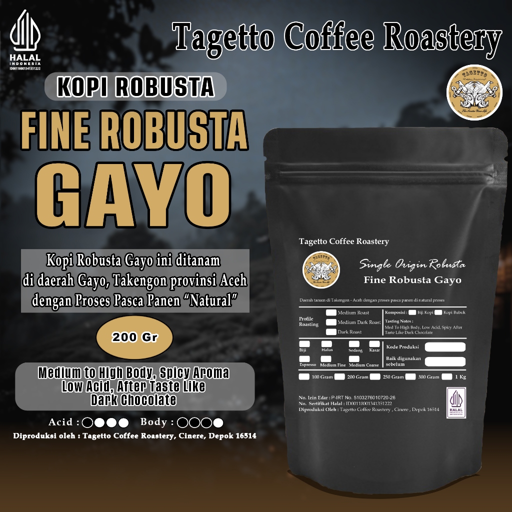 

BIJI KOPI FINE ROBUSTA GAYO 200GR | BEAN GROUND BUBUK 200 GRAM TAGETTO COFFEE
