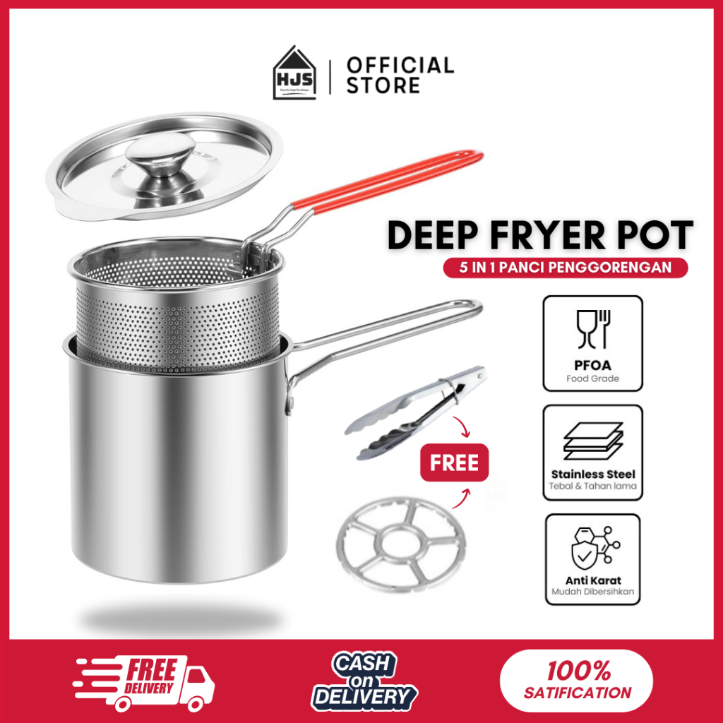 HJS Panci Deep Fryer Set 5 in 1 Penggorengan Rebus Stainless Steel Saringan Capitan Klip makanan