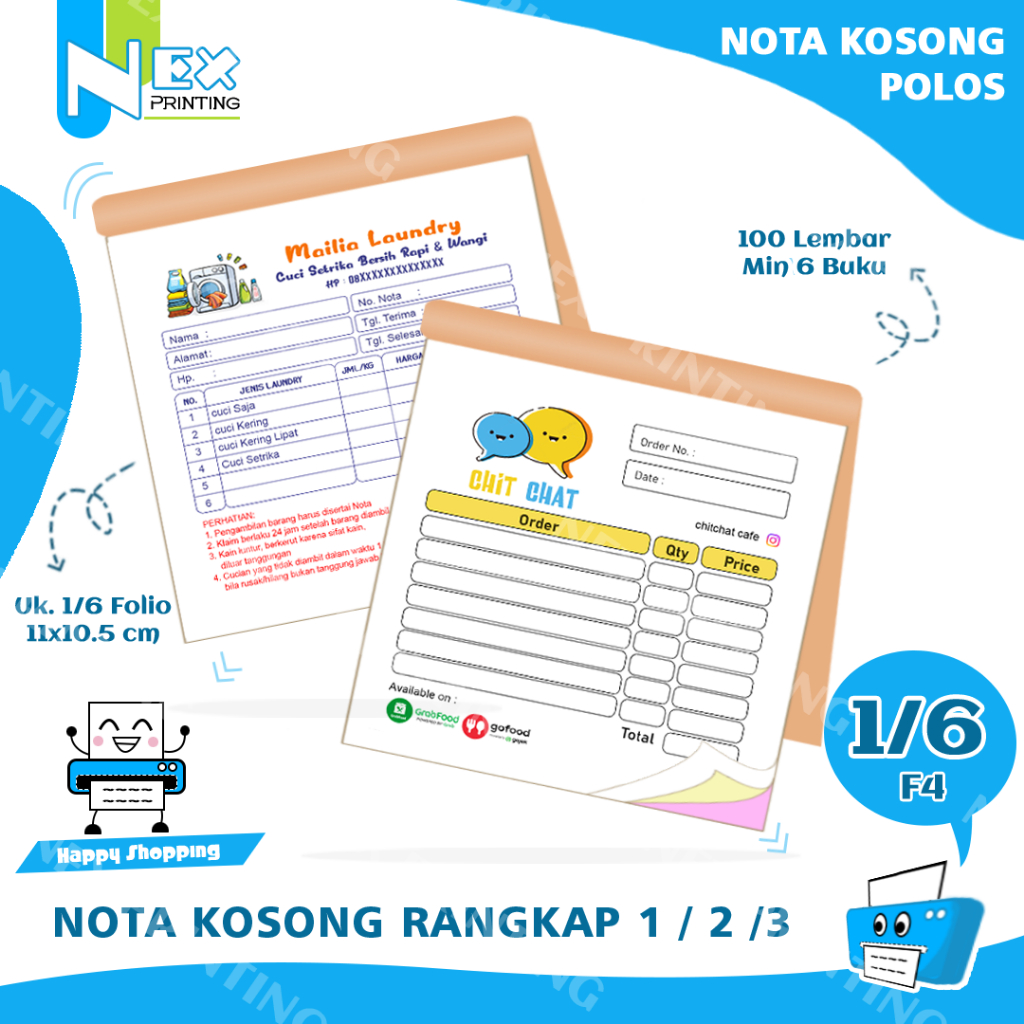 

Cetak Nota Ukuran 1/6 Folio Bon Faktur Online Ofline Emas Restoran Laundry rangkap 1 2 3 4 5