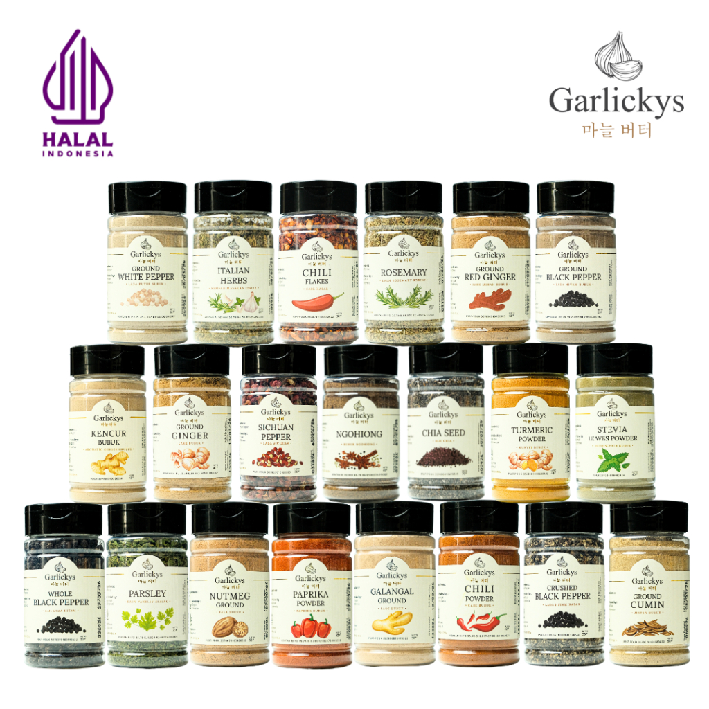 

GARLICKYS Bumbu Rempah Bubuk Bawang Putih Bombay Merah Bubuk Lada Hitam Putih Merica Bubuk Bubuk Ngohiong Halal Paprika Cabe Chili Cinnamon Kayu Manis Bubuk Powder Italian Herbs Seasoning Parsley Rosemary Thyme Basil Oregano Ginger