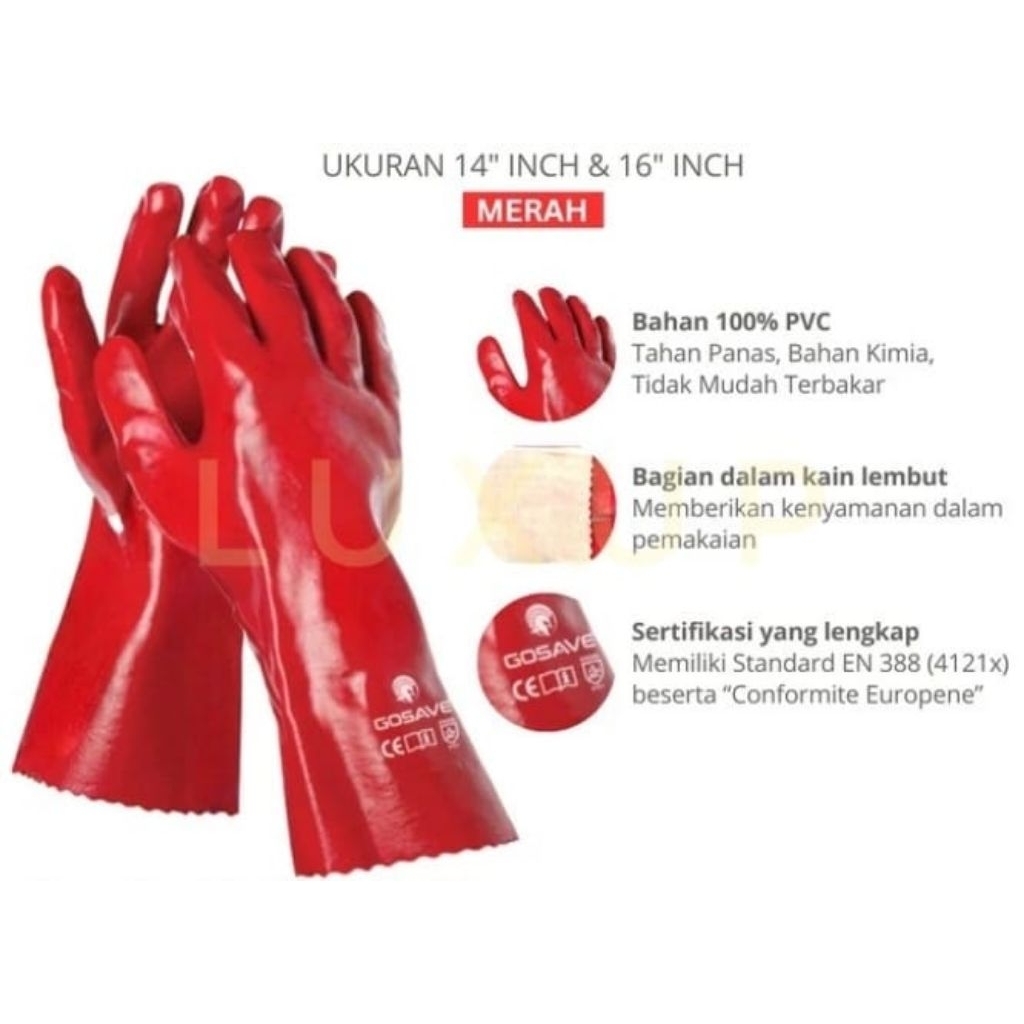 sarung tangan kerja (1pasang2pcs) pvc merah lapis kain extra tebal las industri kimia rumahan anti s