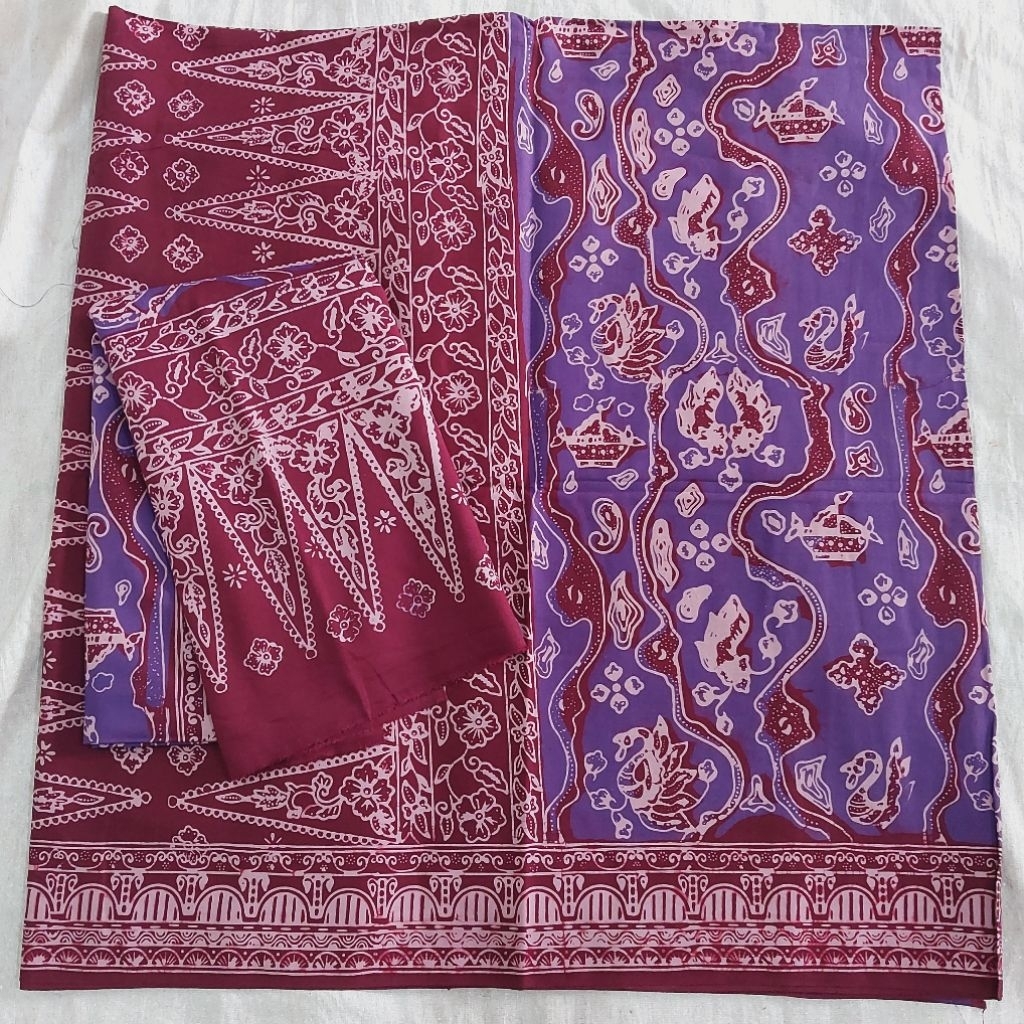 Set sarung selendang batik jambi katun lilac pink maron wine motif angso kapal setelan tekuluk kain 