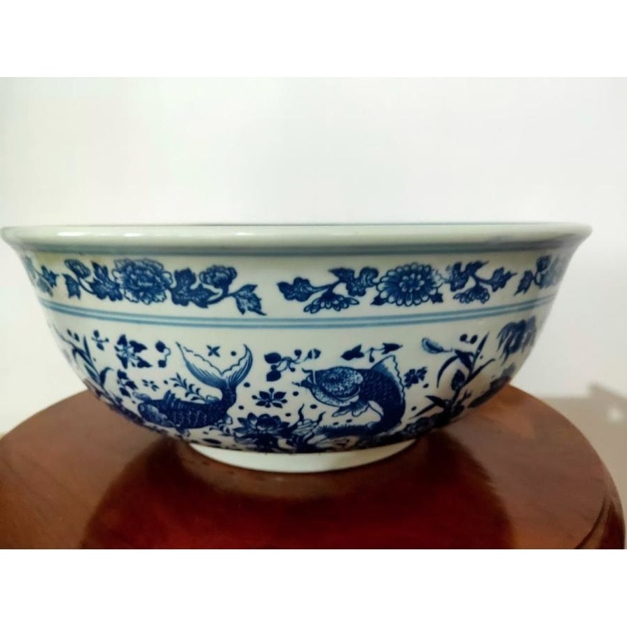 Mangkok Keramik Kansai Cina Saji Besar Size XXL Biru Putih Motif Ikan