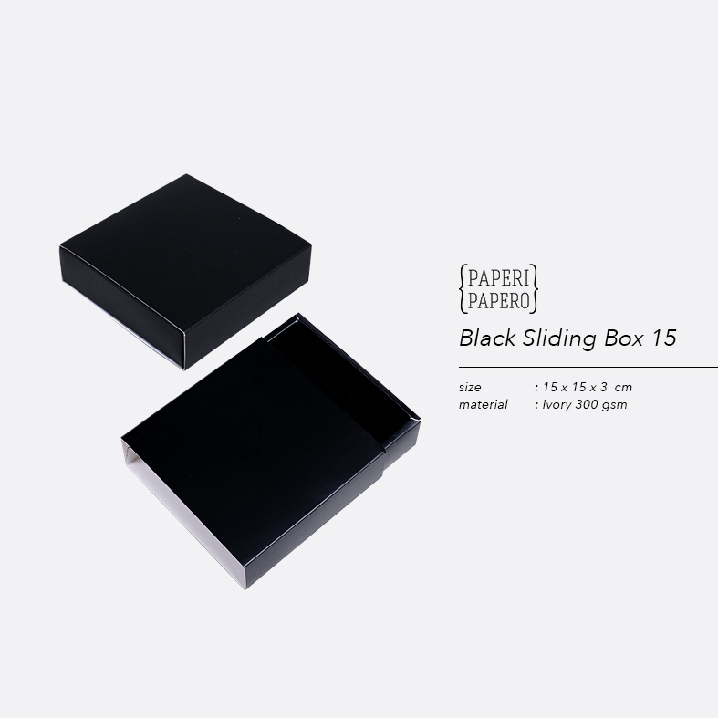 

Black Sliding Box (15 x 15 x 3 cm) - Kotak Packaging Model Laci Geser Hitam Laminasi (5 Pcs)