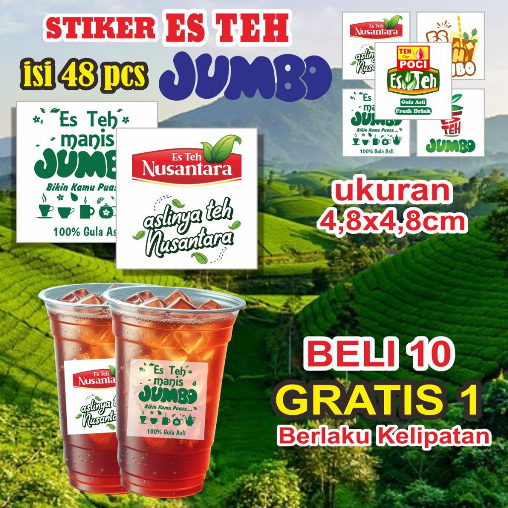 

CETAK STIKER ES TEH JUMBO[ISI 48 pcs] / STIKER CUP ES VIRAL / STIKER LABEL MINUMAN CUP