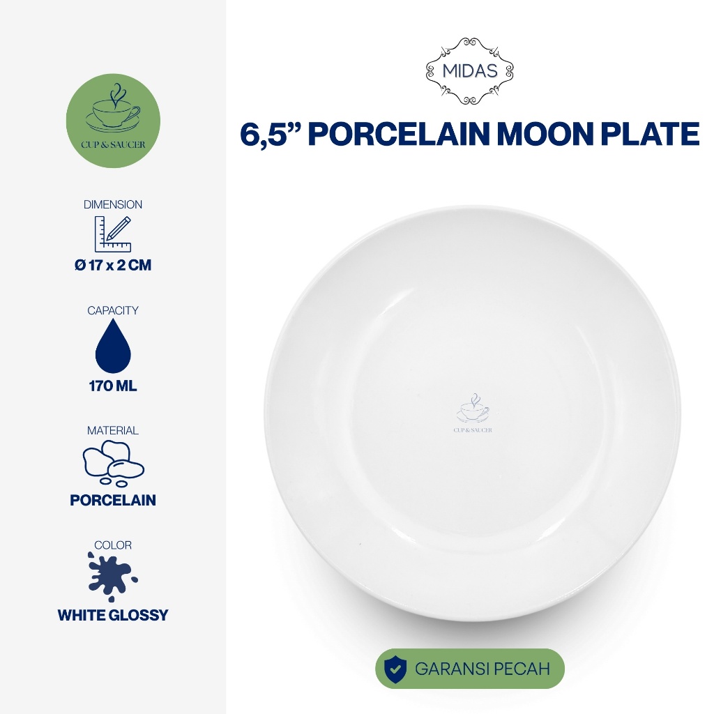 Midas Piring Bulan Bulat Porselen Diameter 6,5” Inch / 17 cm Putih Polos Kilap Minimalis Kue Porcela