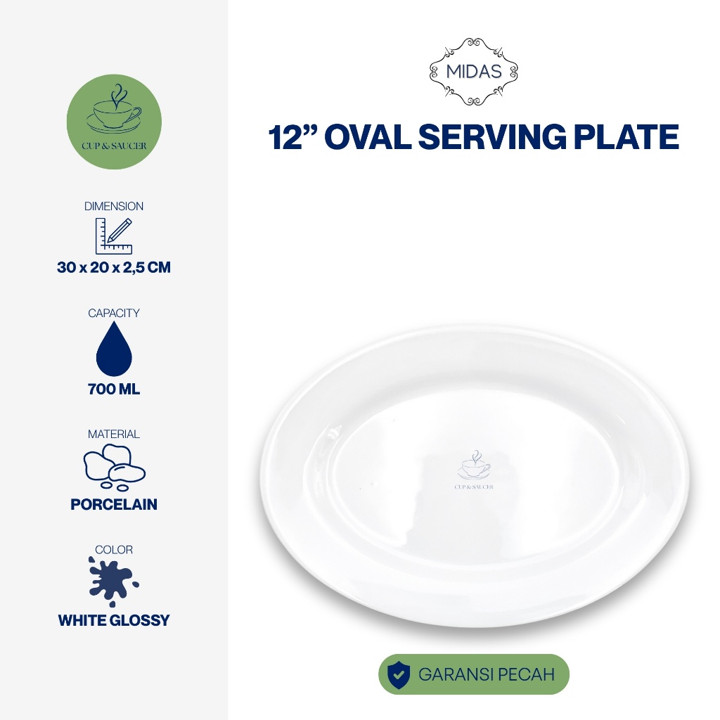 Midas Piring Saji Oval Porselen Ukuran 12” Inch / 30 x 20 x 2,5 cm Putih Polos Ikan Lauk Kilap Minim