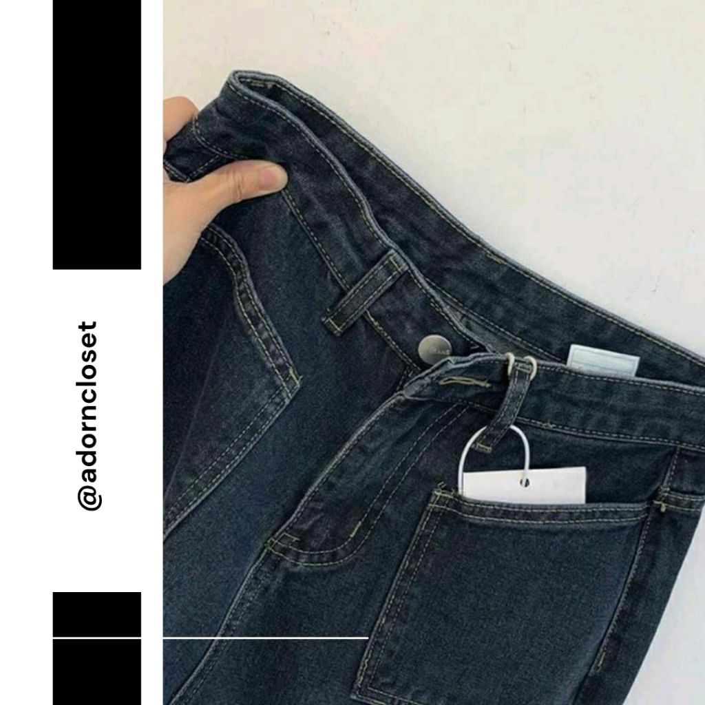 AC Celana Kulot Jeans Wanita Highwaist Loose Kantong Saku Depan Biru Korean