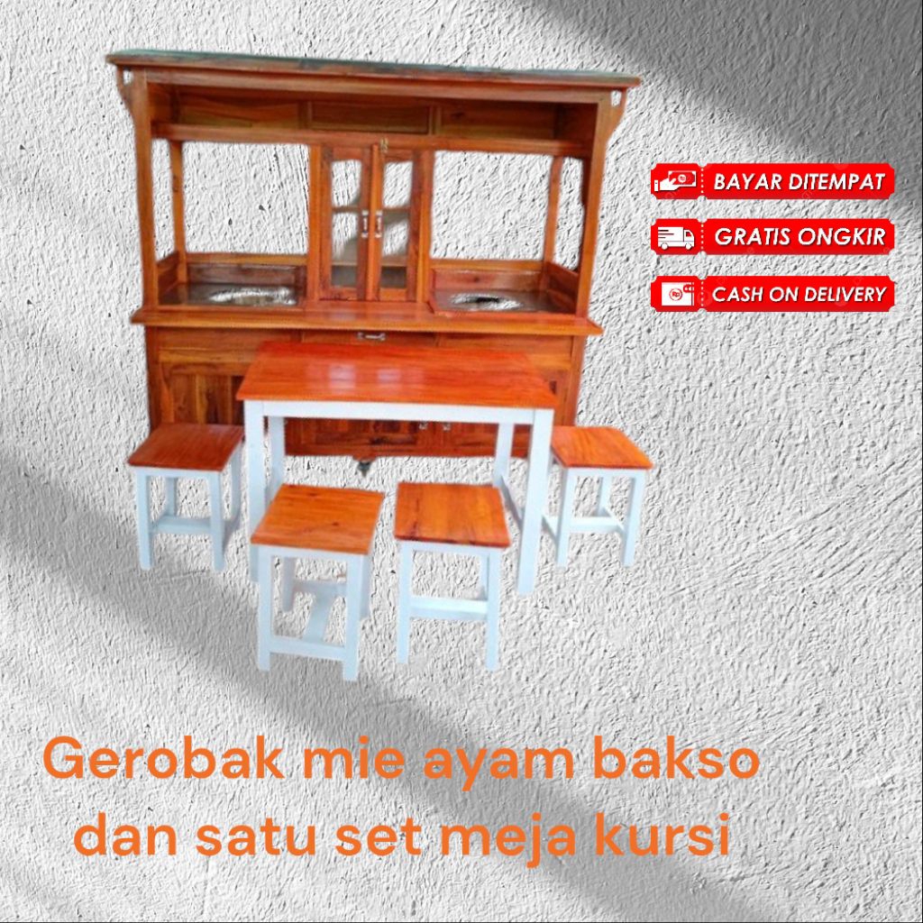 GEROBAK MIE AYAM BAKSO KAYU MAHONI DAN SATU SET MEJA KURSI