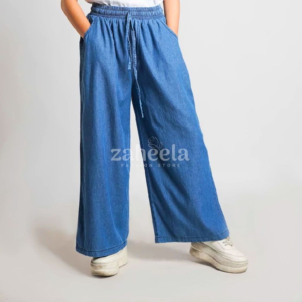 Celana Kulot Jeans Wanita Premium High Waist Tali Pinggang Karet Snow Blue Snow Black