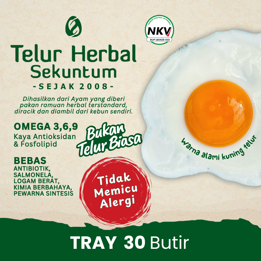 

Telur Herbal - Telur Omega 3, Bebas Antibiotik, Telur Ayam Anti Alergi Sekuntum Herbal Tray_