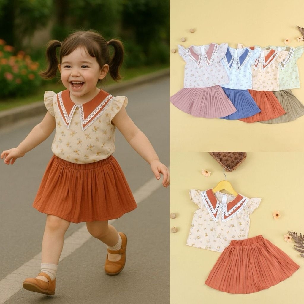 Setelan Rok Renda/Plisket Anak Perempuan Umur 4 5 Tahun.