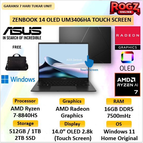 Asus ZenBook 14 UM3406 Ryzen 7 8840HS 16GB 1TB SSD W 11 14 OLED