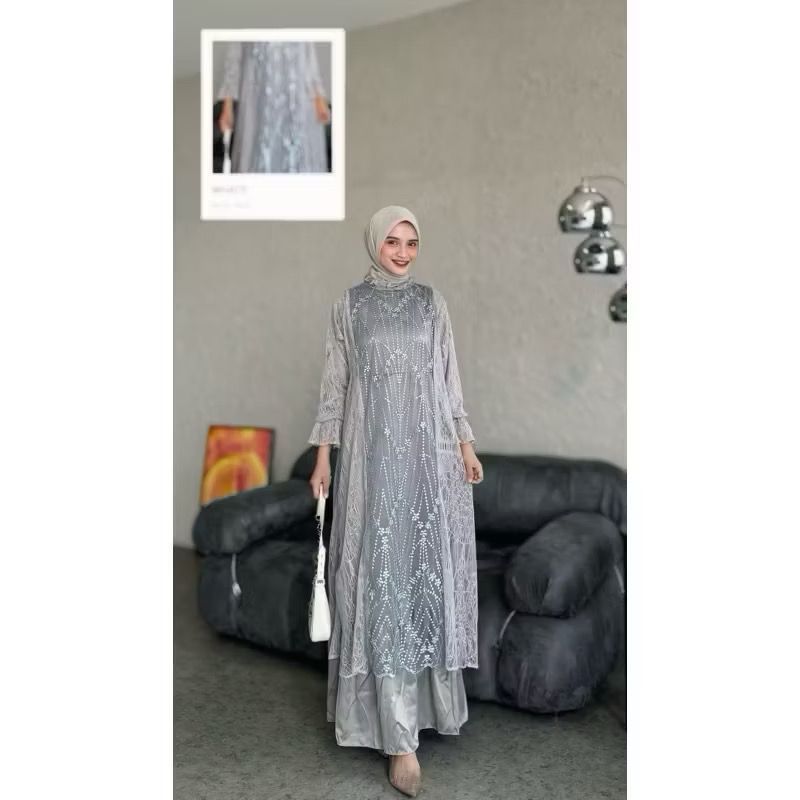 Zeze-Allea Dress Gamis Silk Brokat Premium Grey Abaya Maxy Brukat Mewah