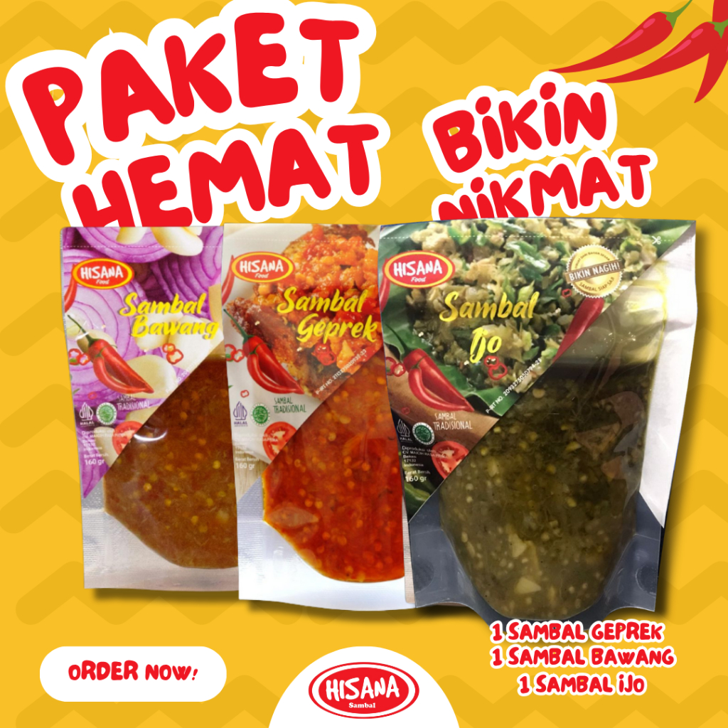 

Bundling - Paket Hemat Sambal Hisana 3pcs! Sambal Geprek, Sambal Bawang, Sambal Ijo