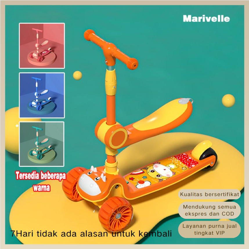 Marivelle Skuter Anak Roda 3 Skuter Lipat 3 Roda dengan Tempat Duduk, Musik, dan Mainan Lampu Mainan