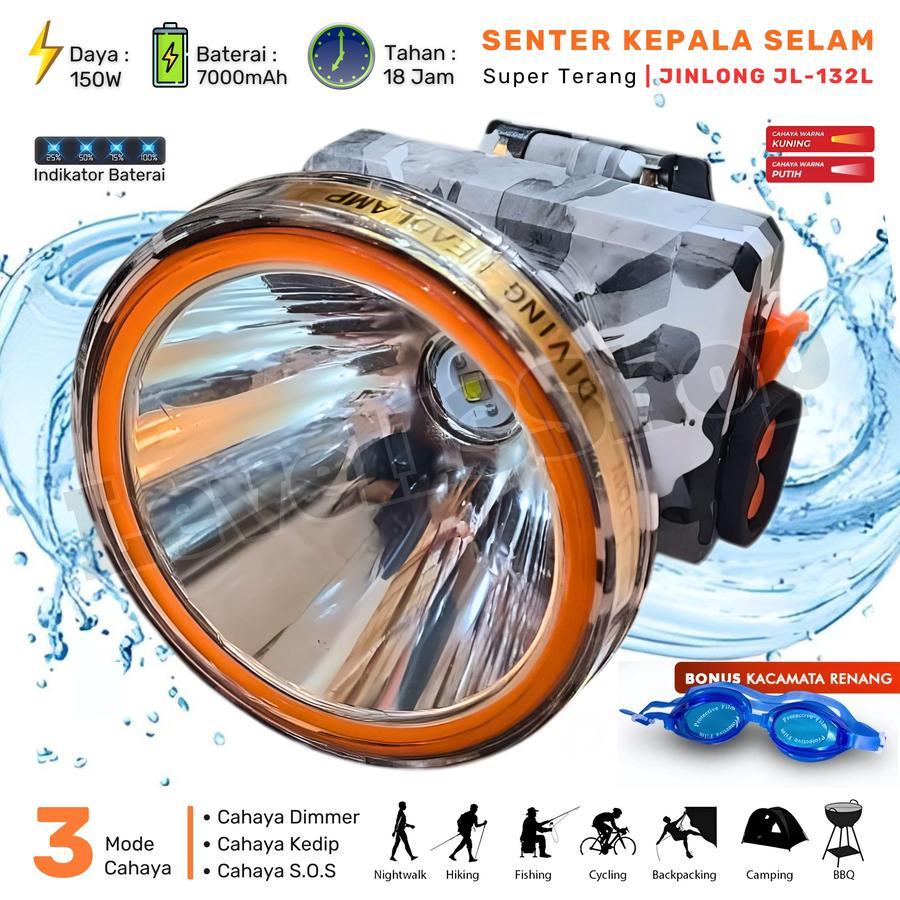 Senter Kepala LED Selam Diving 150 Watt Jinlong jl-132L Loreng AMRY Waterproof Batre 7000mAh