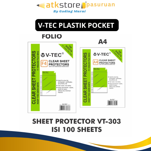 

V tec plastic pocket sheet protector A4 folio 100 lembar