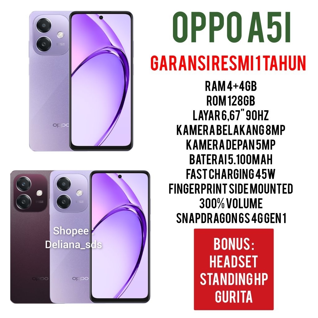 Oppo A5i 4/128 4+4/128 8/128 Garansi Resmi 1 Tahun Oppo A5i 4+4/128 Oppo A5i 8/128 Oppo A51 4/128 Op