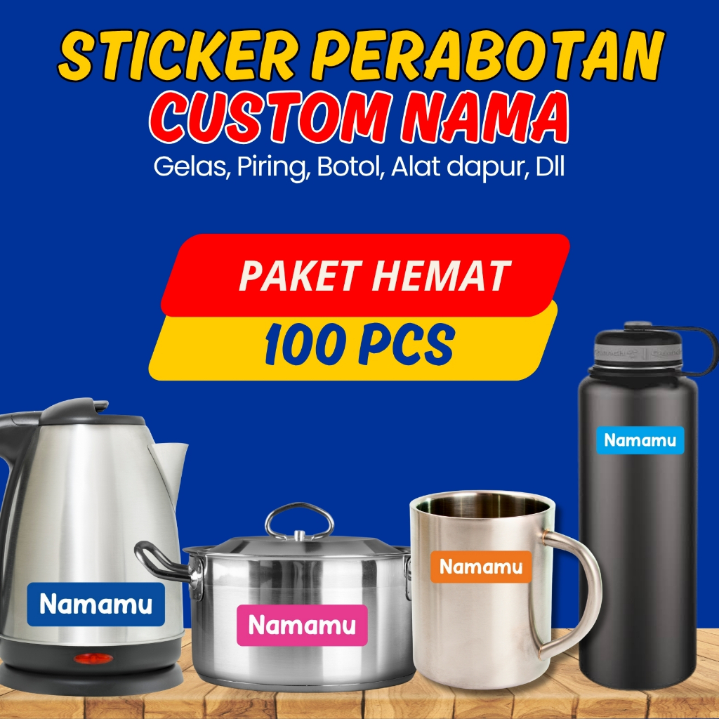 

100 Pcs Stiker Waterproof Custom Nama Piring Sendok Botol Gelas Perabotan timbul label