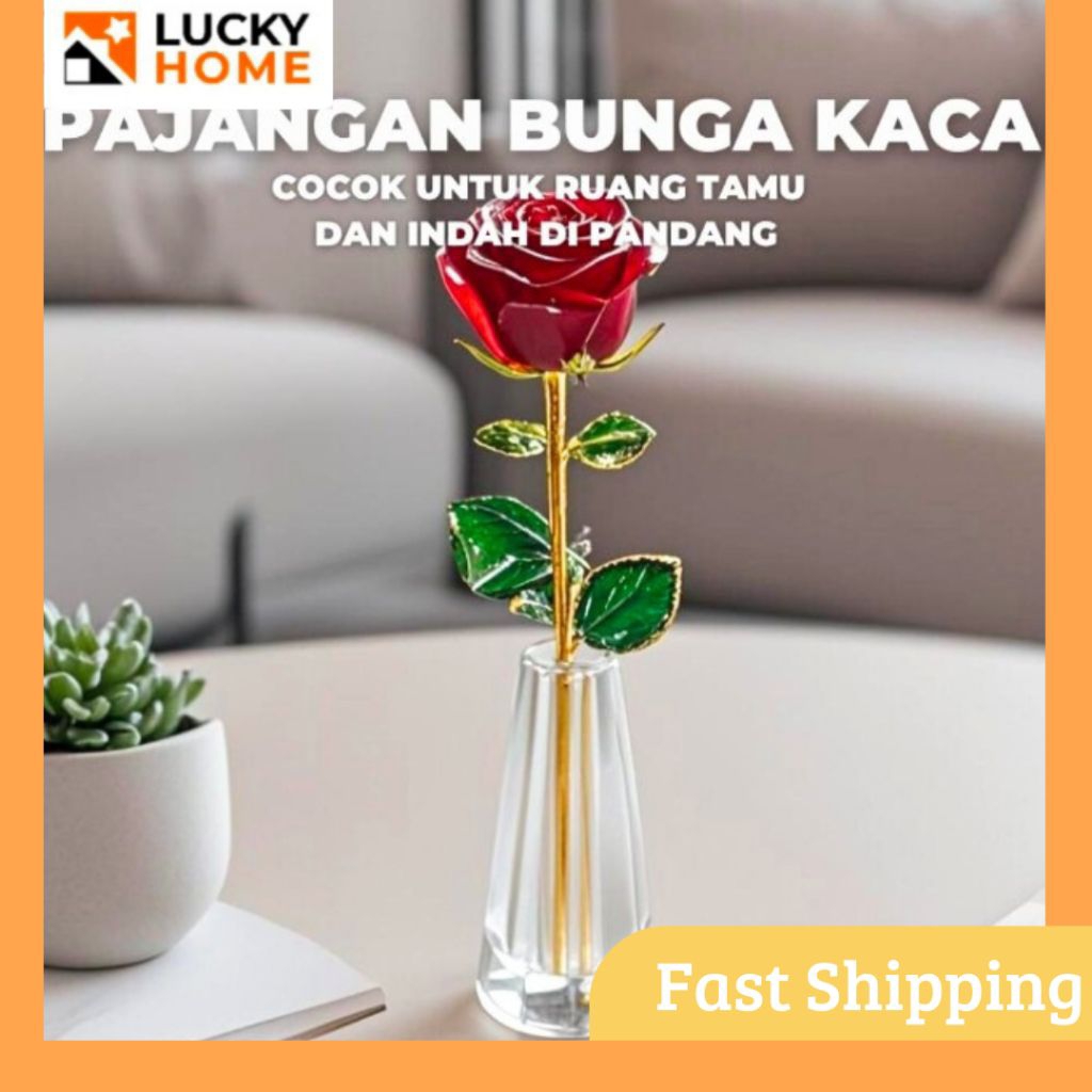 Pajangan Kristal Kaca Mawar Merah Dekorasi Rumah Import