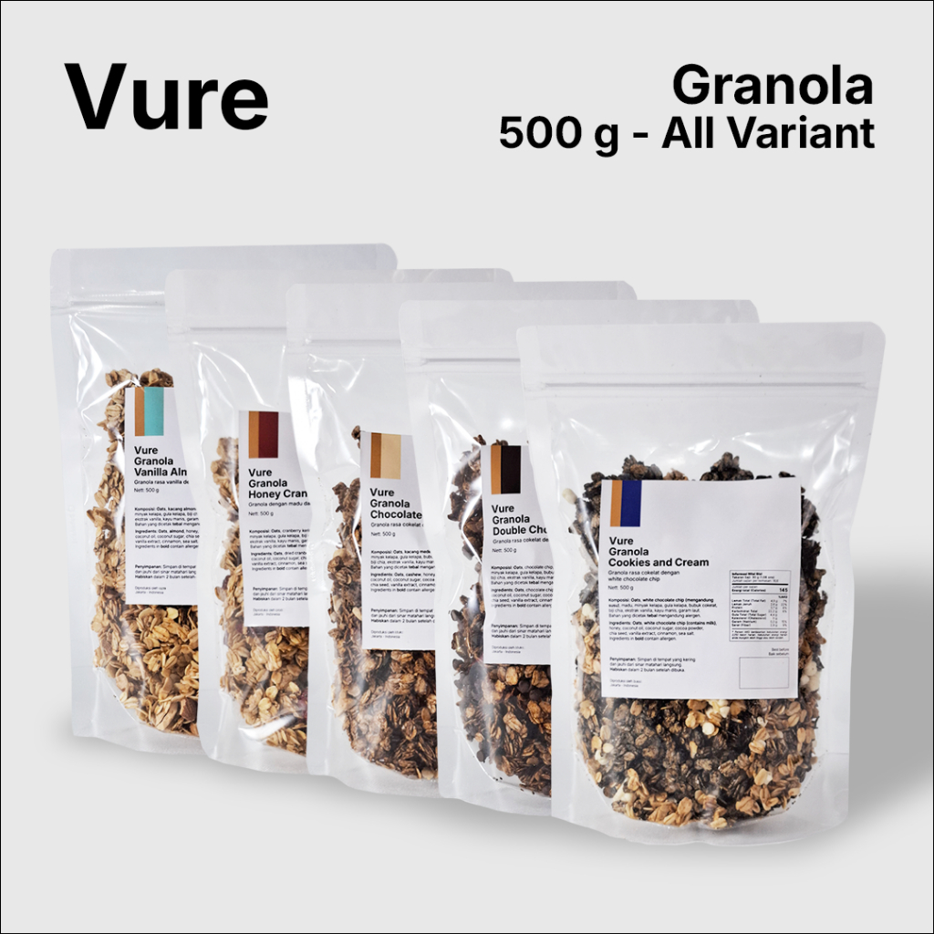 

Vure Granola All Variant (500 gr) Vanilla Almond, Honey Cranberry, Chocolate Cashew, Double Chocolate, Cookies and Cream