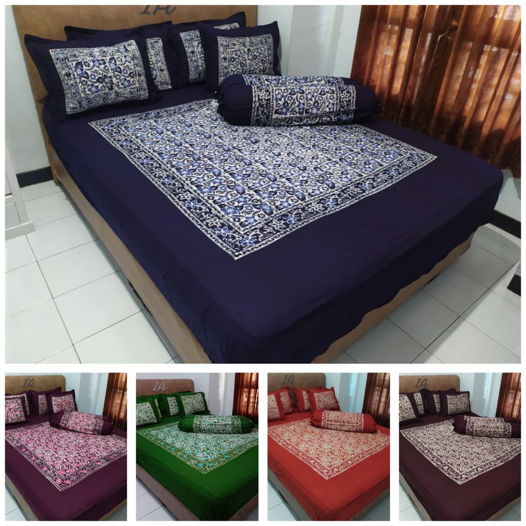 Sprei Batik Ukuran 160x200 Katun Halus 4 Bantal 2 Guling Motif Batik Cap Pekalongan