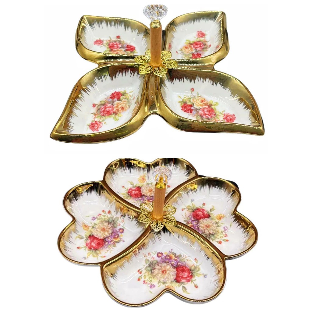 Piring Saji Keramik Love/ Daun Piring Permen Snack 4 Sisi / Piring Keramik Motif Bunga Rose