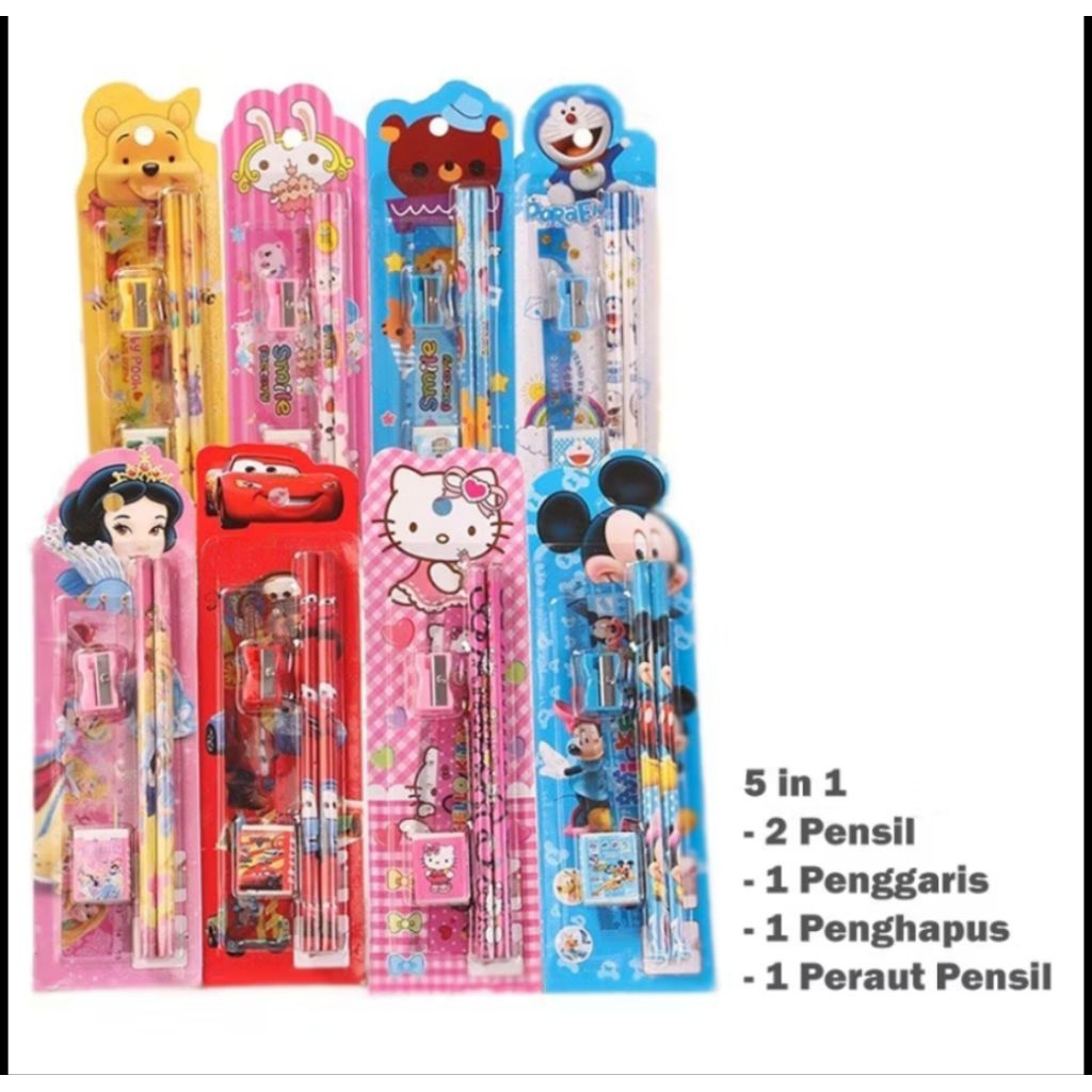 

Stationery Set 5 In 1 Alat Tulis Anak Sekolah Penghapus Penggaris Pensil Serutan Karakter Lucu
