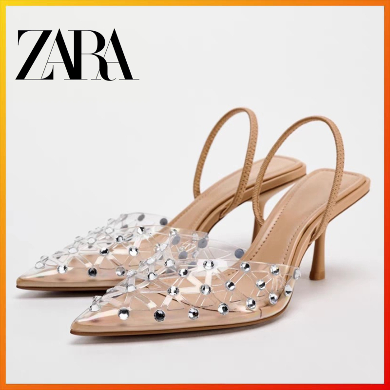 Zara2025 Summer New Women's Shoes Transparent Baotou Water Diamond Decoration High Heels Pointed Fin