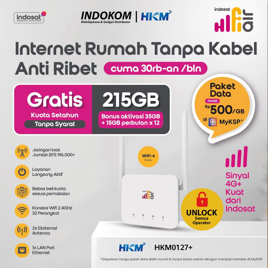 HKM0127+ Hifi Air Indosat - Modem Wifi - Wireless Router 4G CPE LTE - Free Kuota 215GB