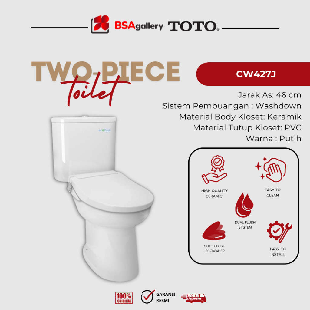 Kloset Duduk Toto CW427J Original / Closet CW 427 J+ Tutup Ecowasher + Pelampung Komplit Alat