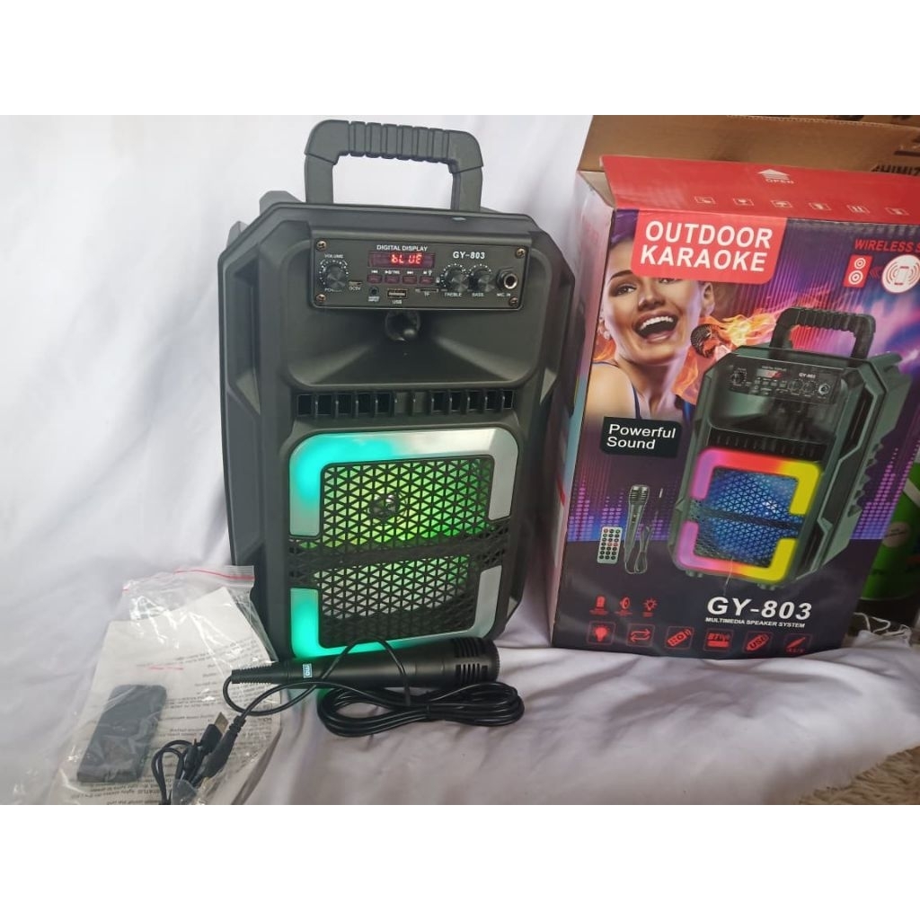 super bass gy 803speaker portabel bluetooth Bonus mic kabel tersambung Ukuran 8 inchi22 x 18 x 38 cm