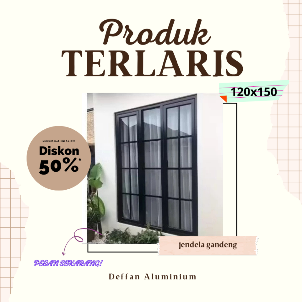 kusen jendela aluminium kombinasi 2 daun hidup dan kaca mati 120 x 150