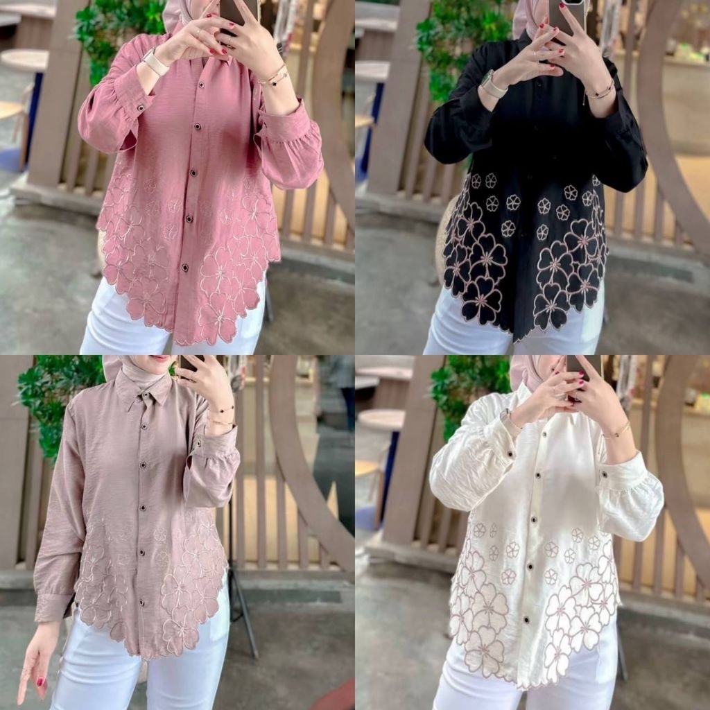 Atasan Wanita Laura Blouse Bordir Bunga Cantik Rose Nude Hitam Putih