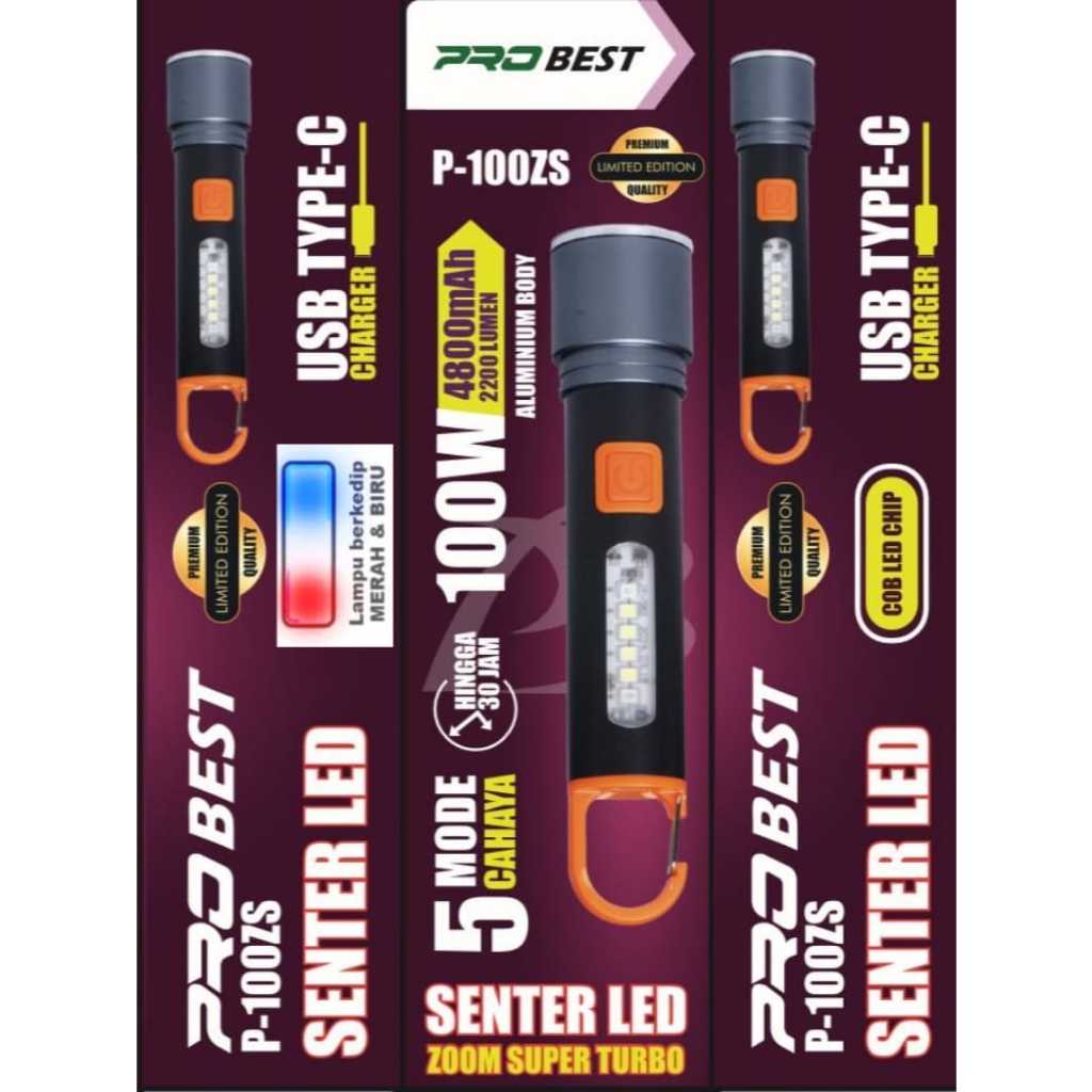 Senter LED ZOOM super turbo PRO BEST P-100ZS 100W cahaya putih original 100%