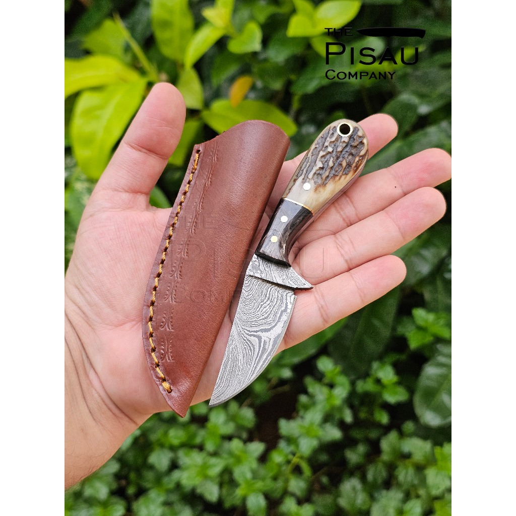 Ready Stock - Pisau Import Skinner Damascus Asli Handmade dengan Sarung Kulit - Neck Knife | Bushcra