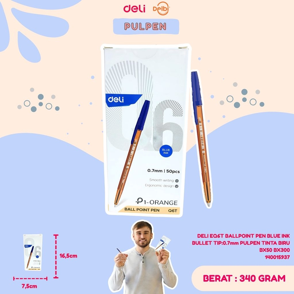 

DELI EQ6T BALLPOINT PEN BLUE INK BULLET TIP:0.7mm PULPEN TINTA BIRU BX50 BX300