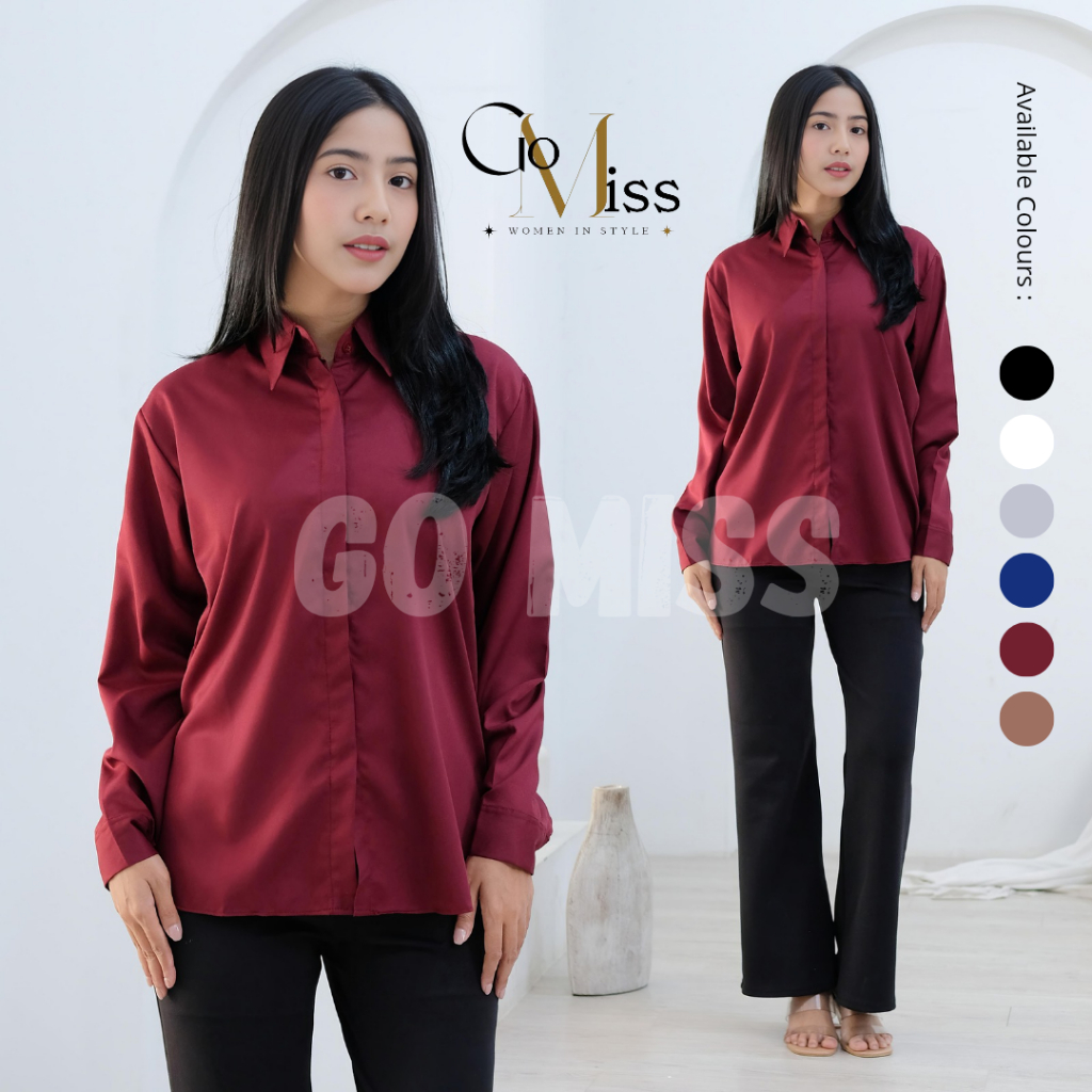 Kemeja Wanita Polos Lengan Panjang Toyobo Kemeja Basic Merah Maroon Wanita